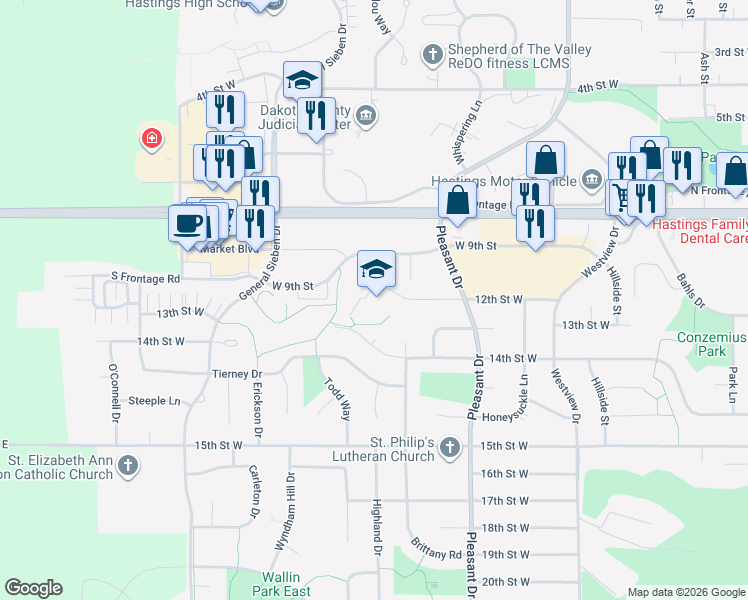 map of restaurants, bars, coffee shops, grocery stores, and more near 1601 12th Street West in Hastings
