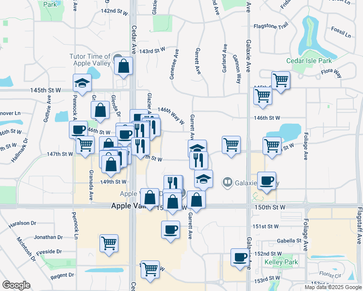 map of restaurants, bars, coffee shops, grocery stores, and more near 14620 Upper 146th Street West in Apple Valley