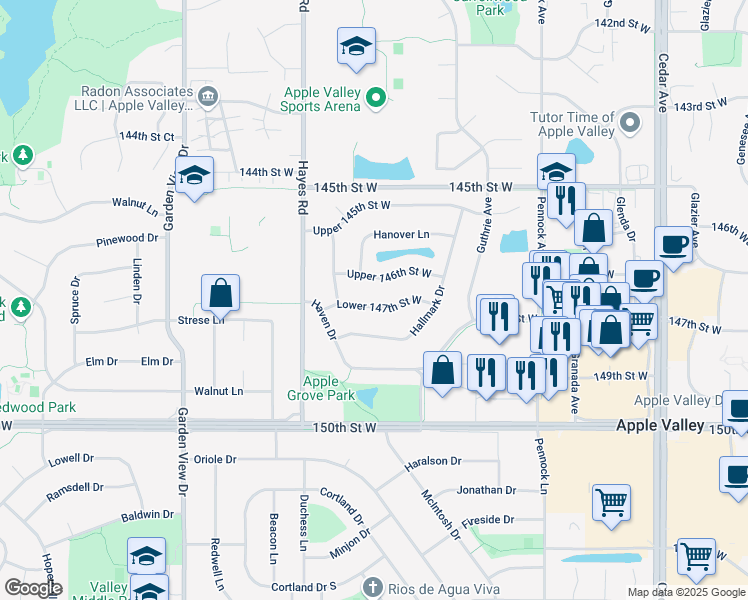 map of restaurants, bars, coffee shops, grocery stores, and more near 8105 Lower 147th Street West in Apple Valley