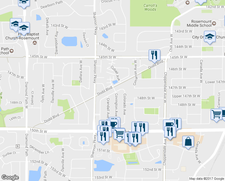 map of restaurants, bars, coffee shops, grocery stores, and more near 3875 147th Street West in Rosemount