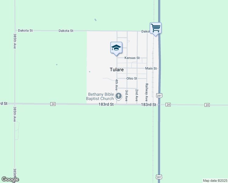 map of restaurants, bars, coffee shops, grocery stores, and more near 300-398 Utah Street in Tulare