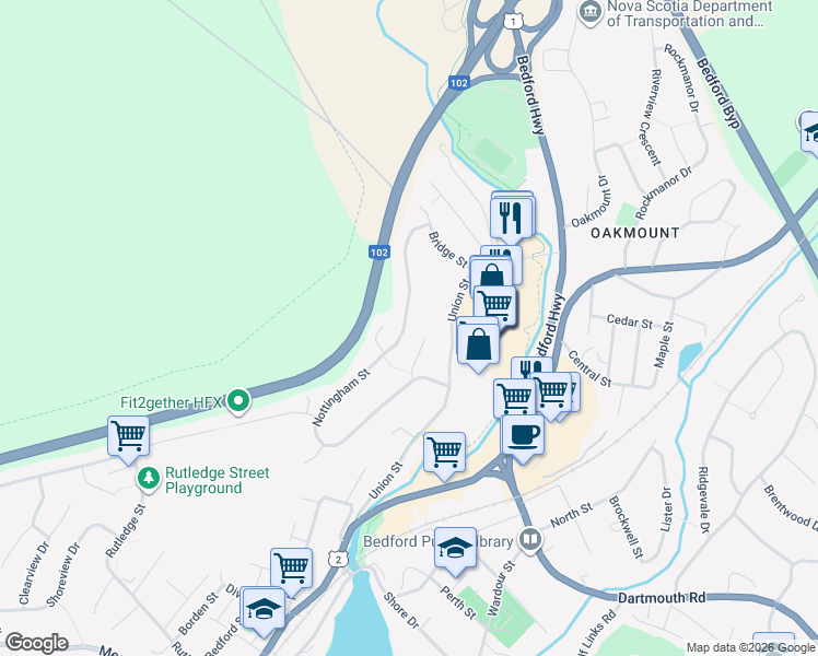 map of restaurants, bars, coffee shops, grocery stores, and more near 47 Nottingham Street in Bedford