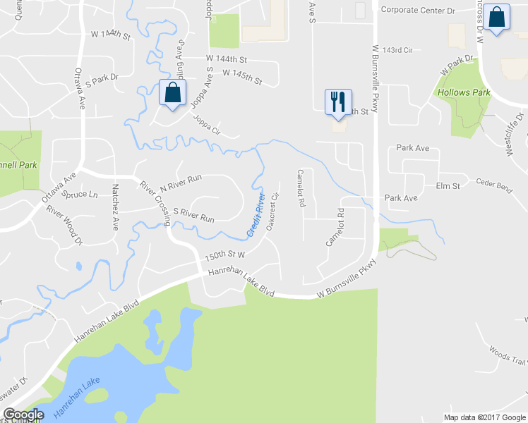 map of restaurants, bars, coffee shops, grocery stores, and more near 14910 Oakcrest Circle in Savage