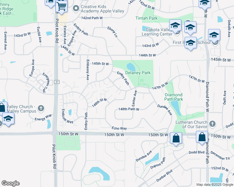 map of restaurants, bars, coffee shops, grocery stores, and more near 5038 147th Street West in Apple Valley