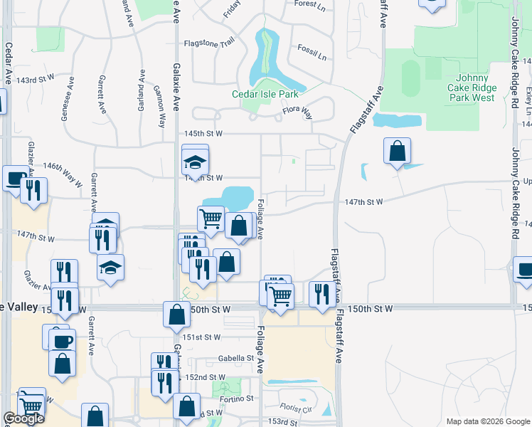 map of restaurants, bars, coffee shops, grocery stores, and more near 14650 Foliage Avenue in Apple Valley