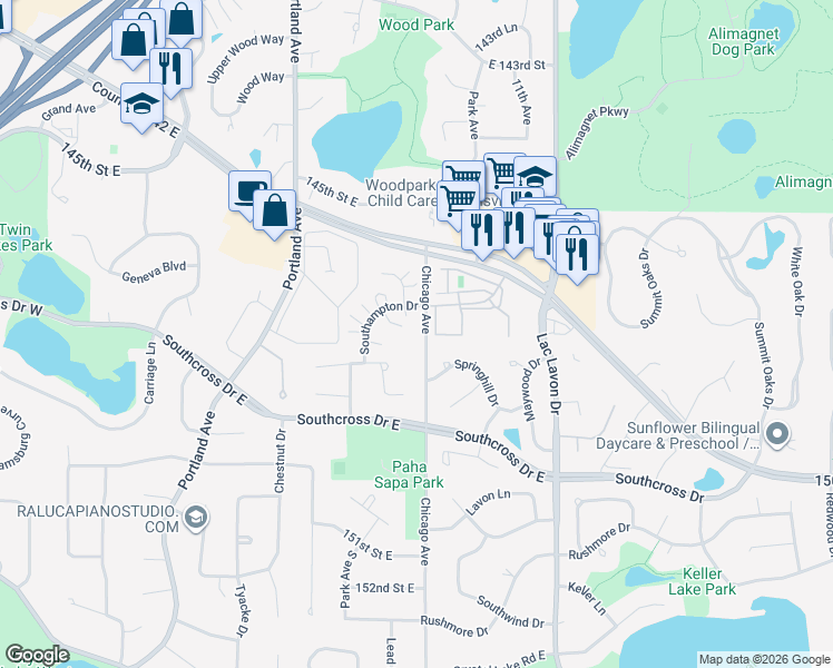map of restaurants, bars, coffee shops, grocery stores, and more near 14672 Sherwood Place in Burnsville
