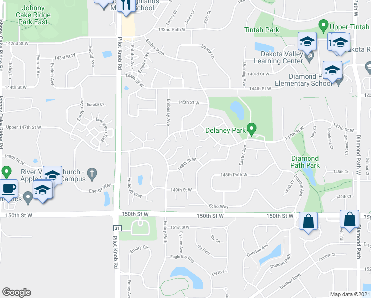 map of restaurants, bars, coffee shops, grocery stores, and more near 14764 Embry Path in Apple Valley