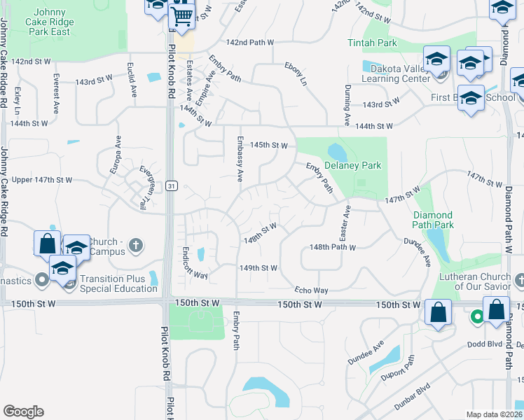 map of restaurants, bars, coffee shops, grocery stores, and more near 14764 Embry Path in Apple Valley