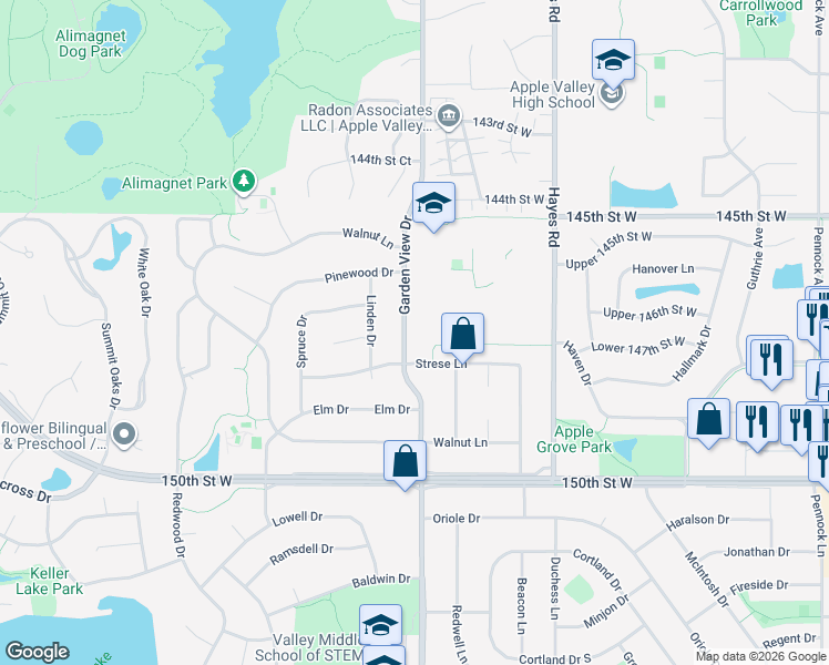 map of restaurants, bars, coffee shops, grocery stores, and more near 173 Garden View Drive in Apple Valley