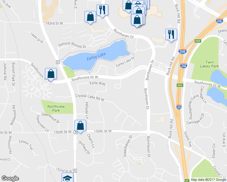 map of restaurants, bars, coffee shops, grocery stores, and more near 14746 Courtyard Circle in Burnsville