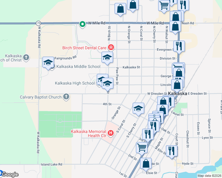 map of restaurants, bars, coffee shops, grocery stores, and more near 100-198 Paw Paw Street in Kalkaska