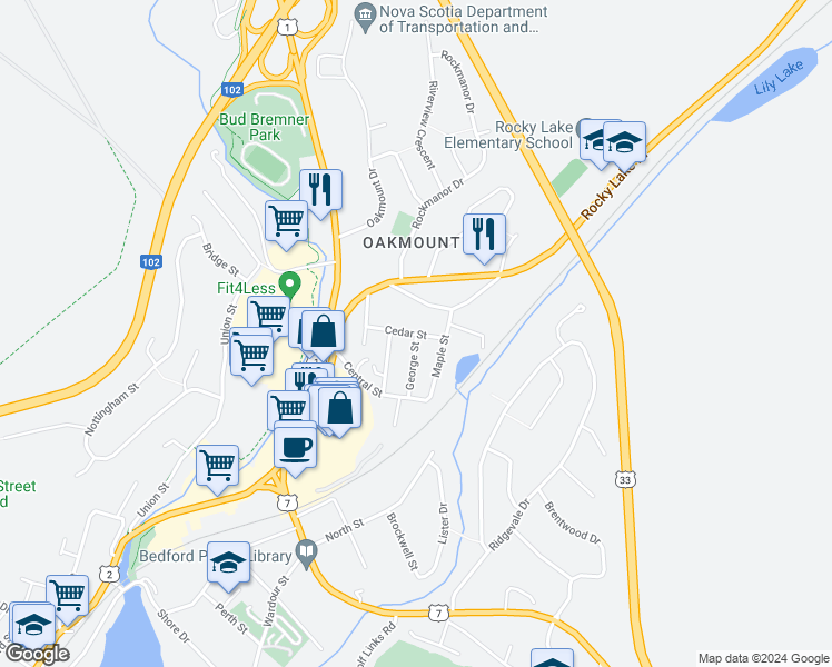 map of restaurants, bars, coffee shops, grocery stores, and more near 17 Cedar Street in Bedford