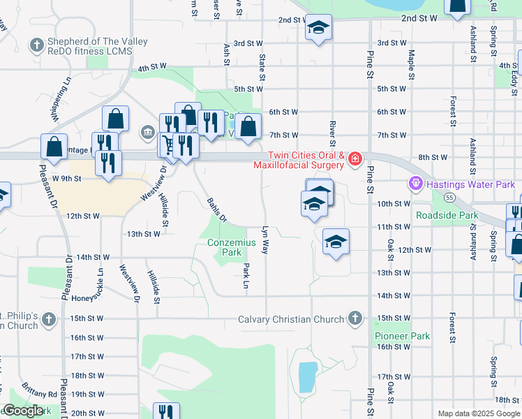 map of restaurants, bars, coffee shops, grocery stores, and more near 1110 Bahls Drive in Hastings