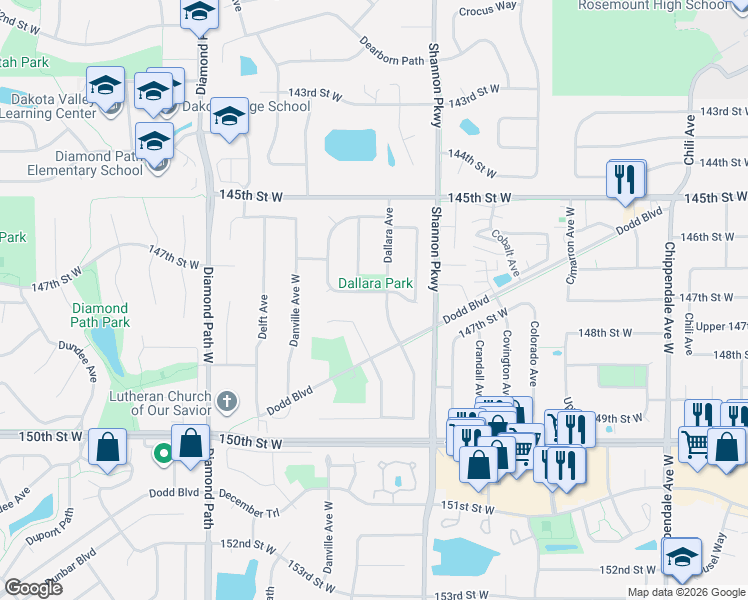 map of restaurants, bars, coffee shops, grocery stores, and more near 4146 147th Street West in Rosemount