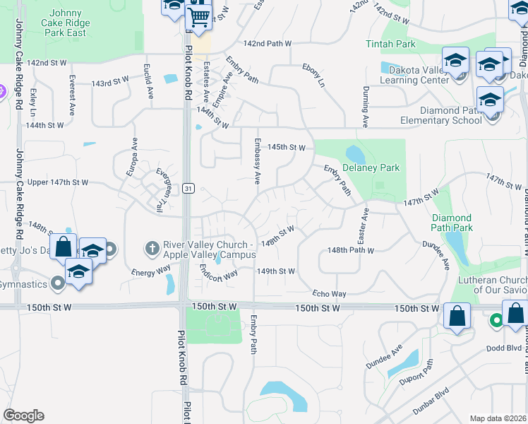 map of restaurants, bars, coffee shops, grocery stores, and more near 14736 Embry Path in Apple Valley