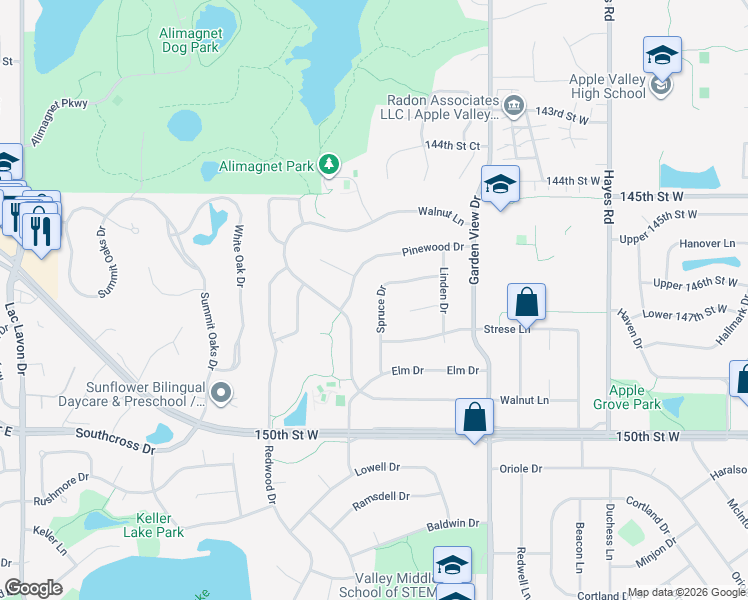 map of restaurants, bars, coffee shops, grocery stores, and more near 172 Spruce Drive in Apple Valley