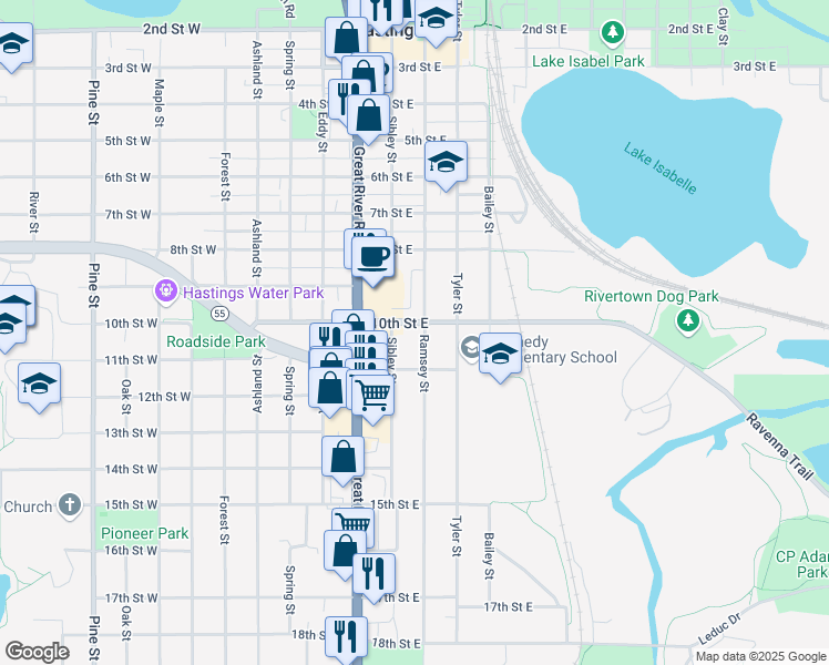 map of restaurants, bars, coffee shops, grocery stores, and more near 1008 Ramsey Street in Hastings