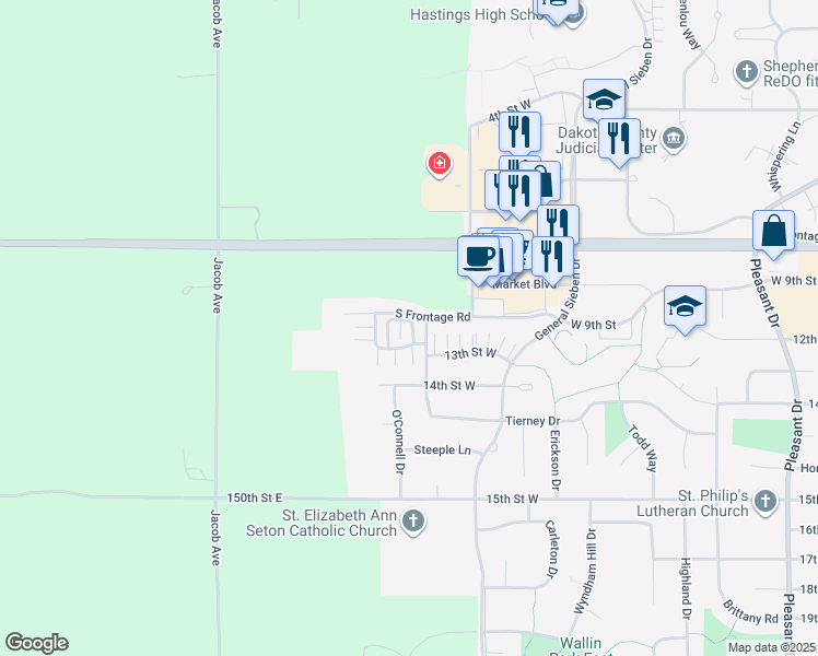 map of restaurants, bars, coffee shops, grocery stores, and more near 1914 Rose Way in Hastings