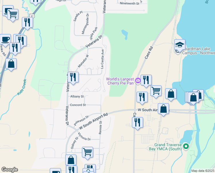 map of restaurants, bars, coffee shops, grocery stores, and more near 3450 Country Club Drive in Traverse City
