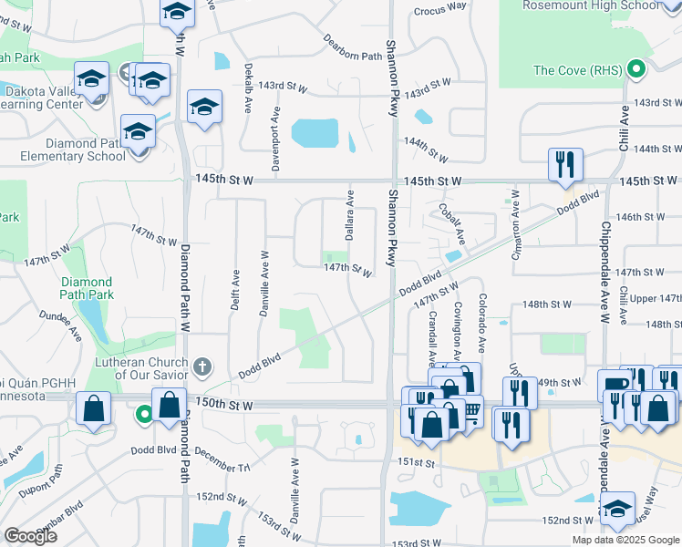 map of restaurants, bars, coffee shops, grocery stores, and more near 4146 147th Street West in Rosemount