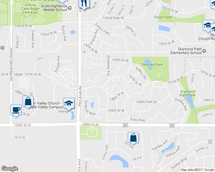 map of restaurants, bars, coffee shops, grocery stores, and more near 14736 Embry Path in Apple Valley