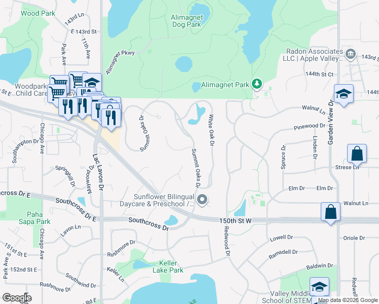 map of restaurants, bars, coffee shops, grocery stores, and more near 14800 Summit Oaks Dr in Burnsville
