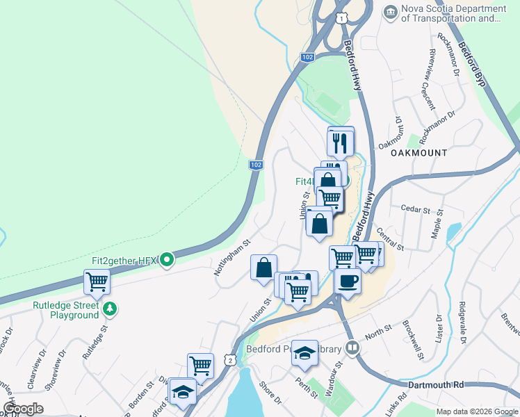 map of restaurants, bars, coffee shops, grocery stores, and more near 32 Redden Court in Bedford