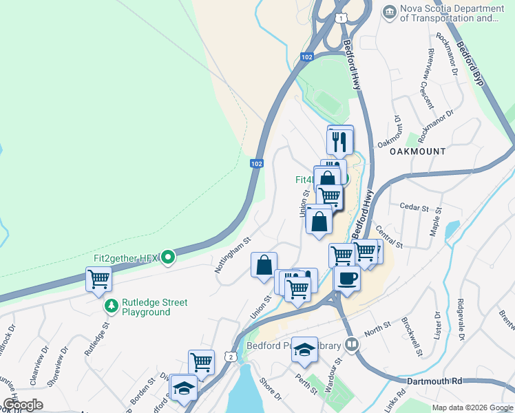 map of restaurants, bars, coffee shops, grocery stores, and more near 30 Redden Court in Bedford