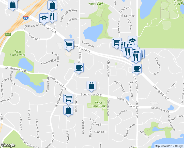 map of restaurants, bars, coffee shops, grocery stores, and more near 14716 Southampton Drive in Burnsville