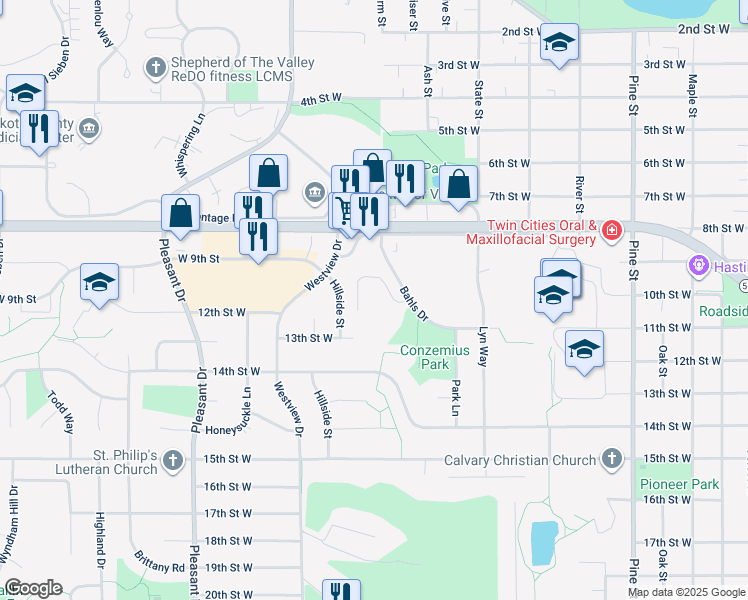 map of restaurants, bars, coffee shops, grocery stores, and more near 1128 Bahls Drive in Hastings