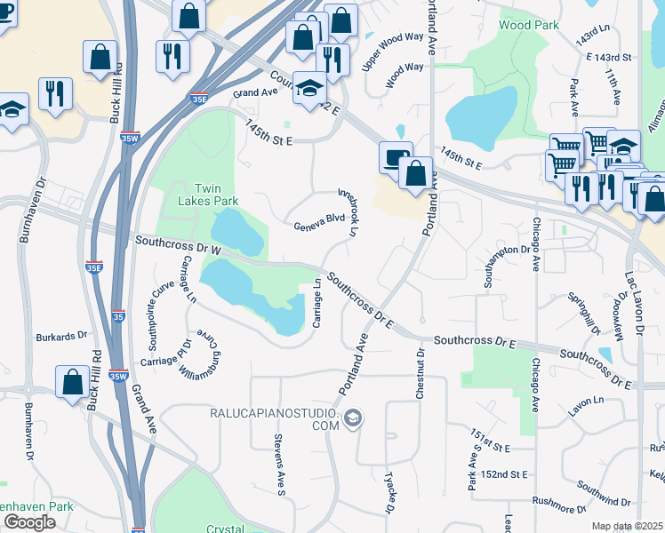 map of restaurants, bars, coffee shops, grocery stores, and more near 14741 Innsbrook Lane in Burnsville