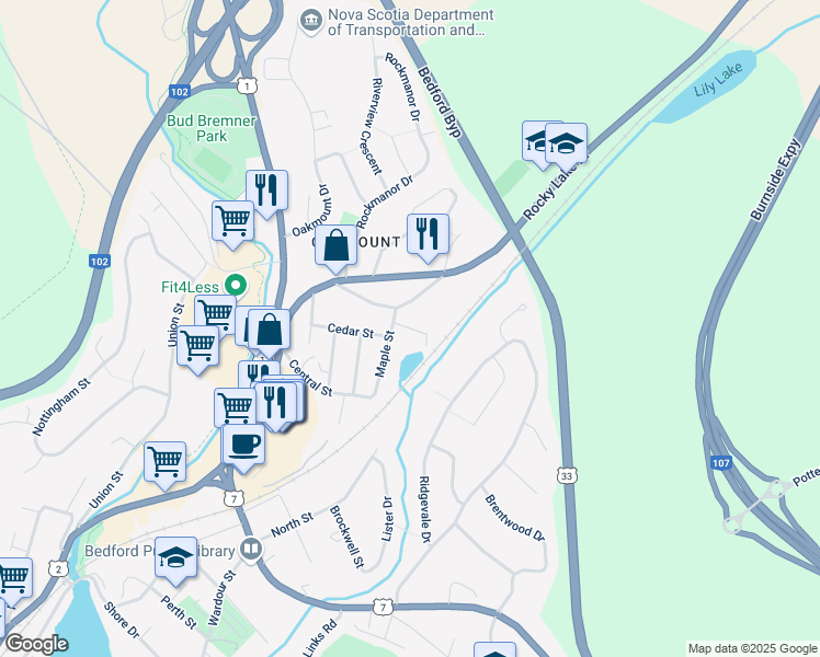 map of restaurants, bars, coffee shops, grocery stores, and more near Birch Street in Bedford