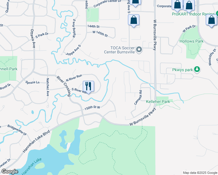 map of restaurants, bars, coffee shops, grocery stores, and more near 14910 Oakcrest Circle in Savage