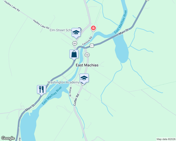 map of restaurants, bars, coffee shops, grocery stores, and more near 36 Cutler Road in East Machias