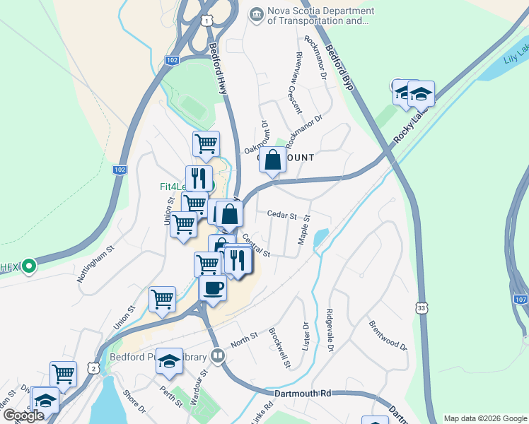 map of restaurants, bars, coffee shops, grocery stores, and more near Cedar Street in Bedford