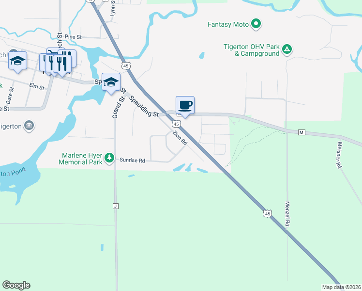 map of restaurants, bars, coffee shops, grocery stores, and more near 640 Sunrise Rd in Tigerton