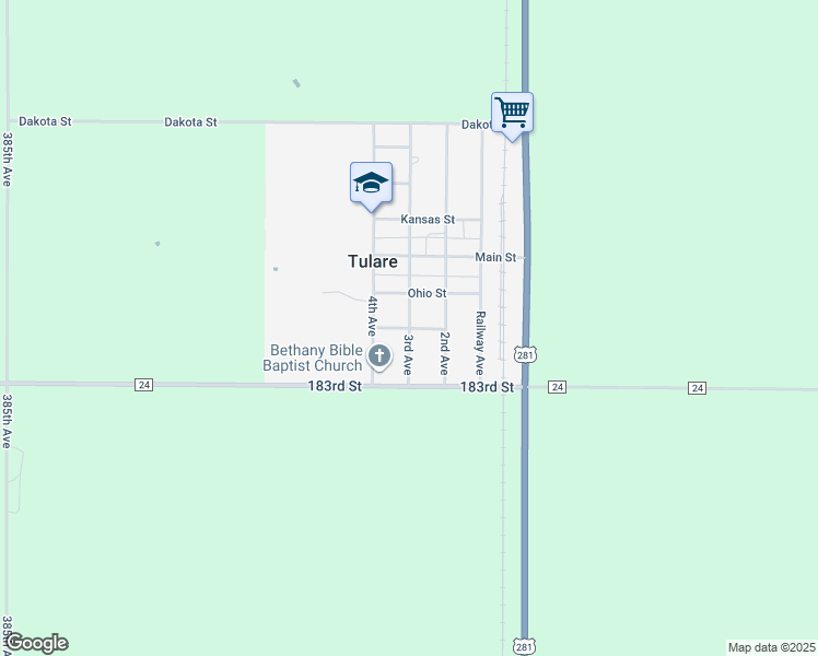 map of restaurants, bars, coffee shops, grocery stores, and more near 300 Utah Street in Tulare