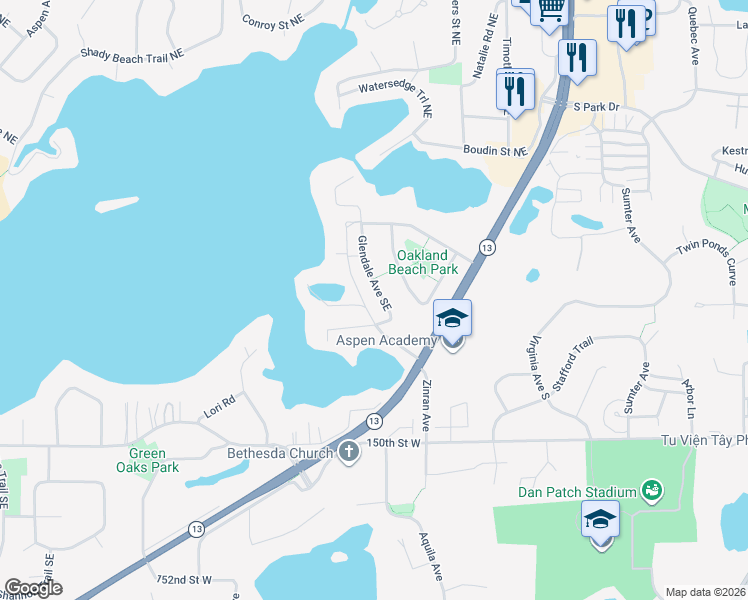 map of restaurants, bars, coffee shops, grocery stores, and more near 14704 Glendale Avenue Southeast in Prior Lake