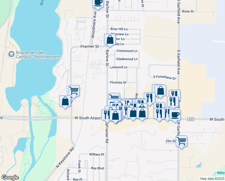 map of restaurants, bars, coffee shops, grocery stores, and more near 1745 Barlow Street in Traverse City