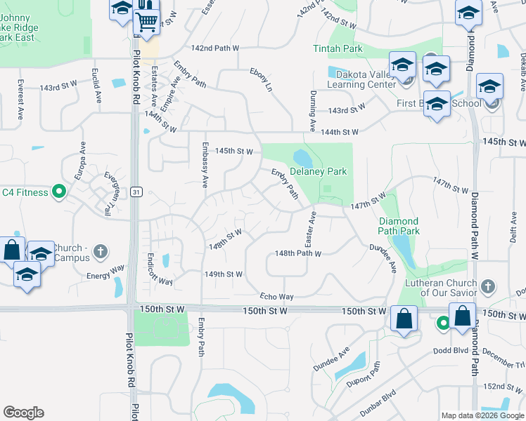 map of restaurants, bars, coffee shops, grocery stores, and more near 5133 148th Street West in Apple Valley