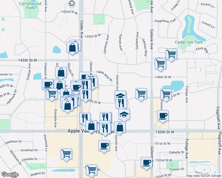 map of restaurants, bars, coffee shops, grocery stores, and more near 14620 Upper 146th Street West in Apple Valley