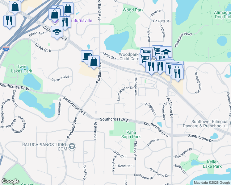 map of restaurants, bars, coffee shops, grocery stores, and more near 14716 Southampton Drive in Burnsville