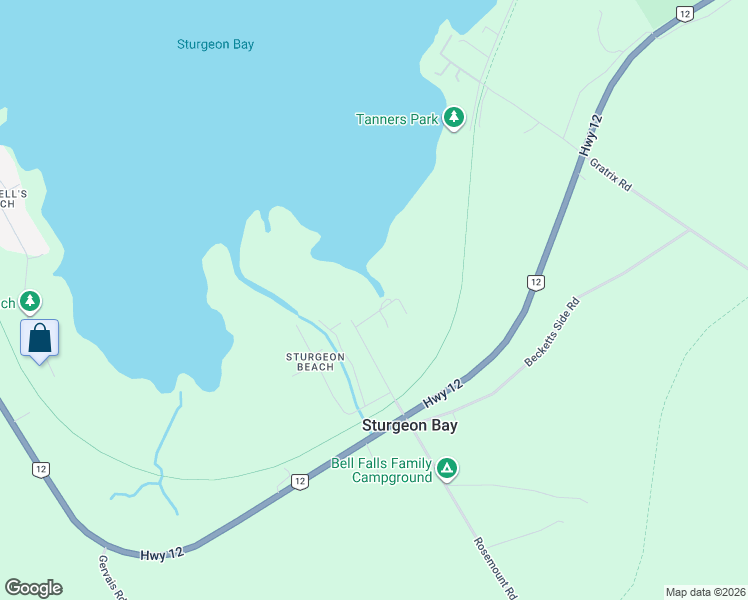 map of restaurants, bars, coffee shops, grocery stores, and more near 20 Delta Drive in Waubaushene