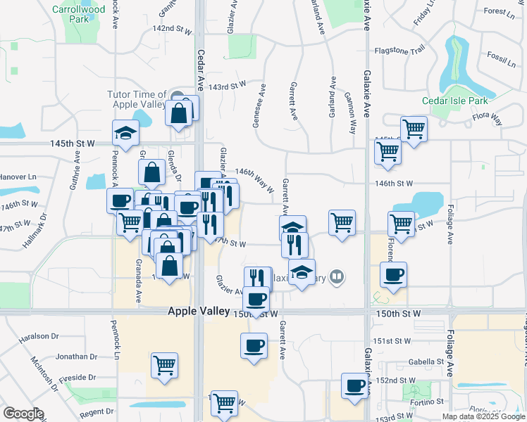 map of restaurants, bars, coffee shops, grocery stores, and more near 14620 Garrett Avenue in Apple Valley