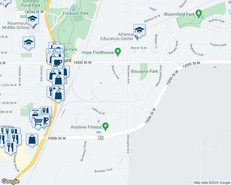 map of restaurants, bars, coffee shops, grocery stores, and more near 14709 Boysenberry Court in Rosemount