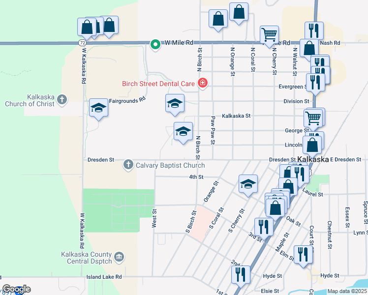 map of restaurants, bars, coffee shops, grocery stores, and more near 109 North Birch Street in Kalkaska