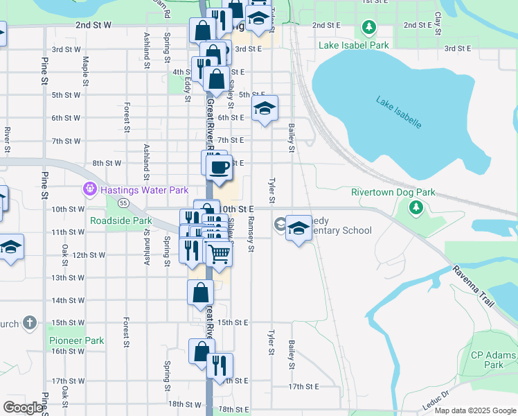 map of restaurants, bars, coffee shops, grocery stores, and more near 1008 Ramsey Street in Hastings