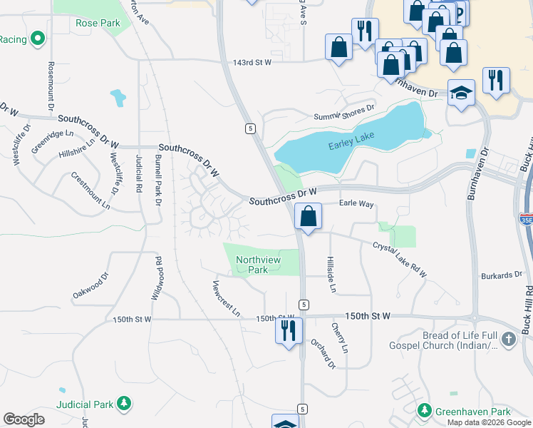 map of restaurants, bars, coffee shops, grocery stores, and more near 1651 Southcross Drive West in Burnsville