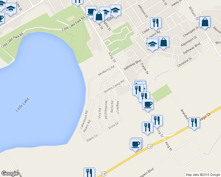 map of restaurants, bars, coffee shops, grocery stores, and more near Smiths Camp Road in Midland