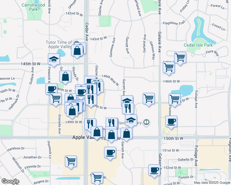 map of restaurants, bars, coffee shops, grocery stores, and more near 14620 Garrett Avenue in Apple Valley